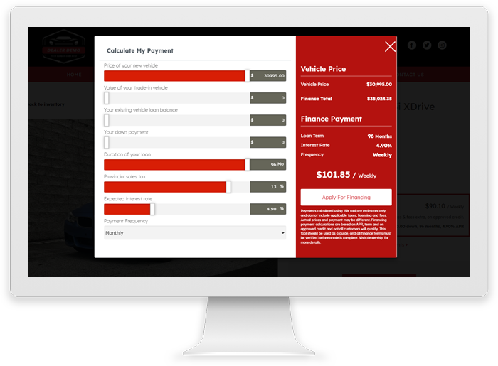Estimated vehicle financing payments and payment calculator